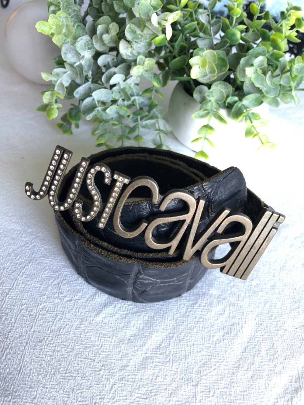Just Cavalli Leather Embossed Croc Belt, Bronze Toned Buckle with Rhinestones